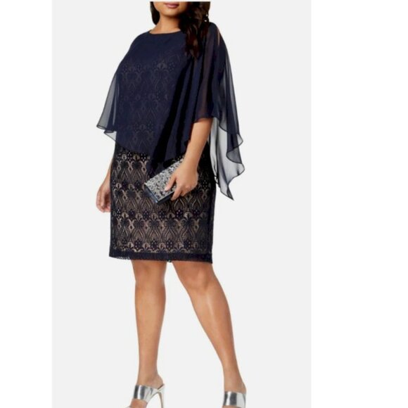 Connected Apparel Asymmetric Lace Capelet Dress Navy Size 20W - Picture 1 of 6